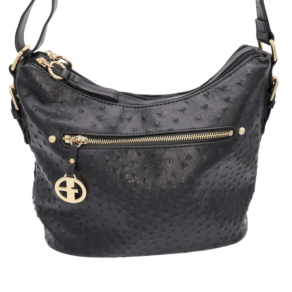 Giani Bernini Black Ostrich Embossed Crossbody Bag Gold Tone Hardware Organizer